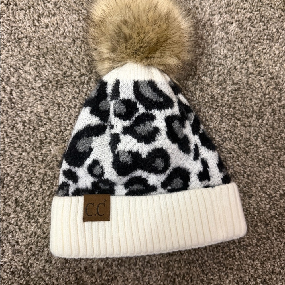 C.C Cream, Black & Gray Leopard Pom Beanie with Faux Fur Pom